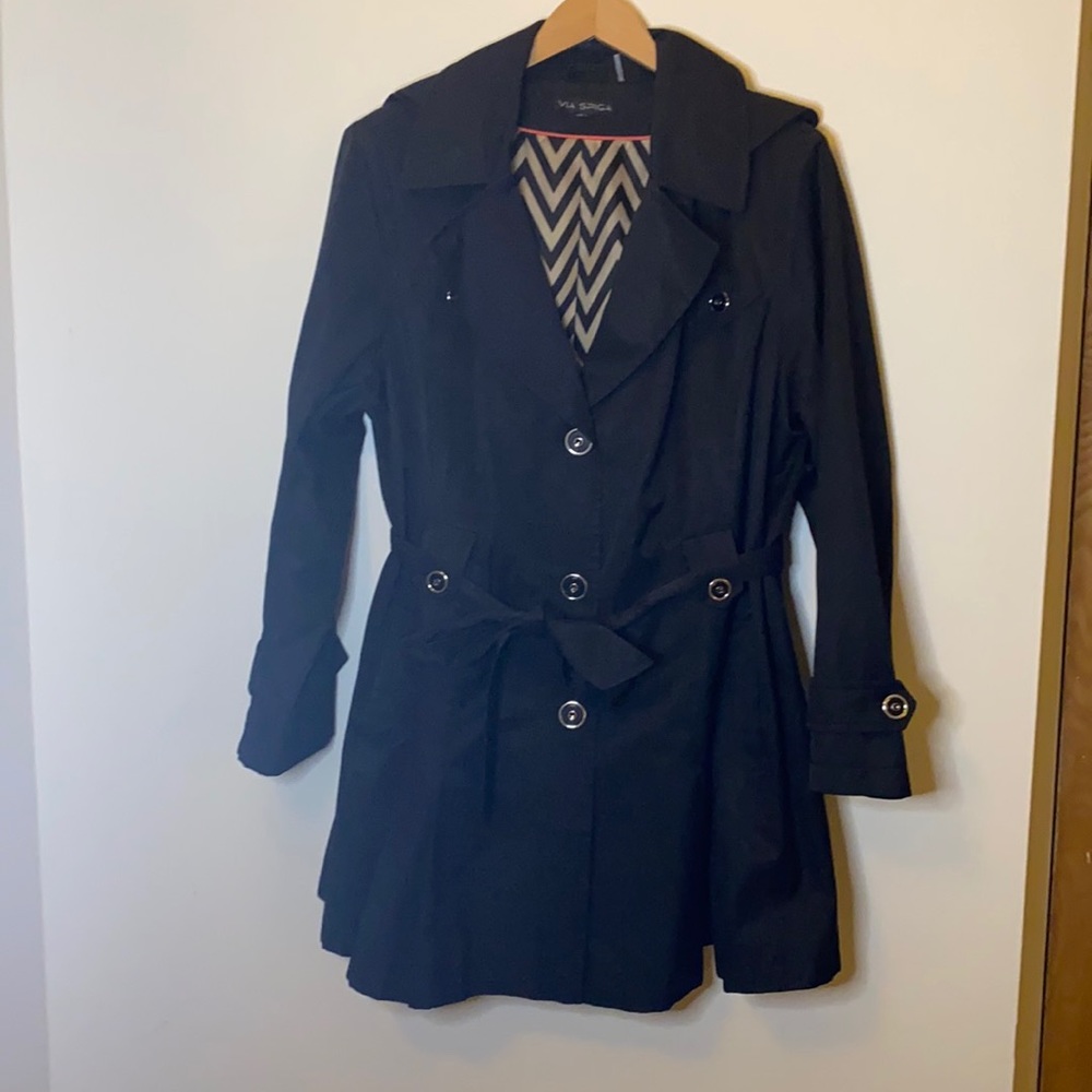 Via Spiga Raincoat Trench w Removable Hood 2X. Black with gold tone buttons